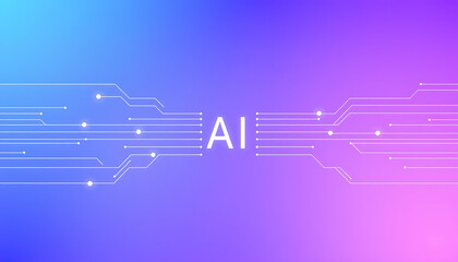 gradient blue to purple, vector graphic of simple lines and dots connecting the shape of an AI network.	