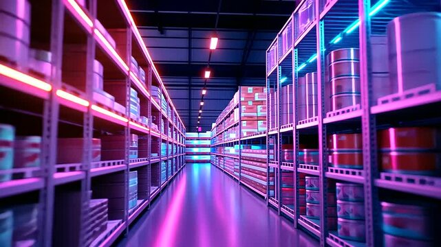 High Tech Warehouse with Robots and Workers in Modern Environment
