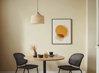 Modern interior of a dining room with a design table, black chairs, and a coffee set in a maximalist style home decor against a beige wall background