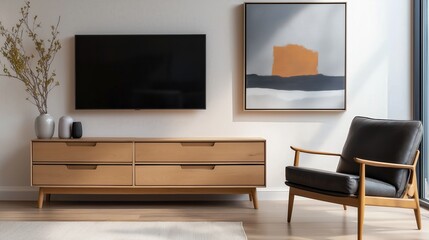 Generative AI, Minimalist Modern Living Room Featuring Light Oak and Neutral Tones