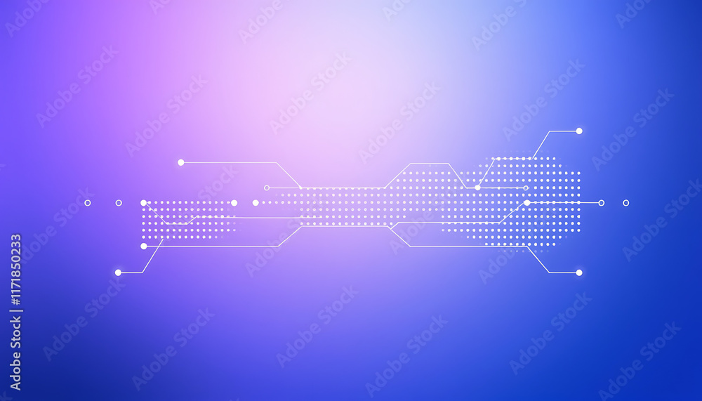 Poster gradient blue to purple, vector graphic of simple lines and dots connecting the shape of an ai netwo