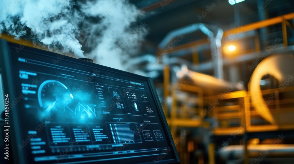 Poster smoke rising from machinery in industrial factory with computer monitor displaying production data a