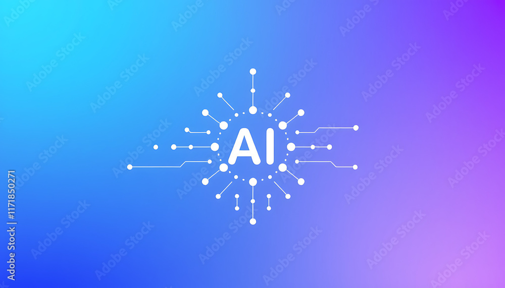 Poster gradient blue to purple, vector graphic of simple lines and dots connecting the shape of an ai netwo
