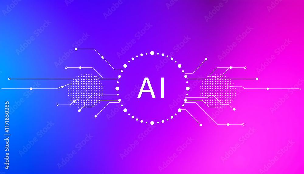Poster gradient blue to purple, vector graphic of simple lines and dots connecting the shape of an ai netwo