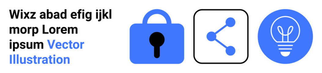 Lock icon representing security, network node symbolizing connectivity, and lightbulb denoting innovation, all in blue. Ideal for technology, security, networking, innovation, ideas, privacy