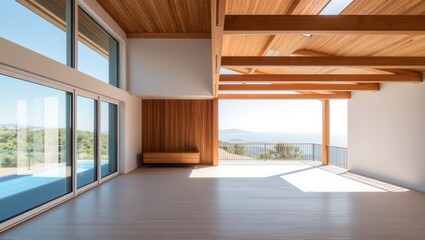 A modern open-air space with wooden beams, white walls, and large windows, offering a breathtaking view of the sea and a minimalistic, natural aesthetic. Generative, AI,