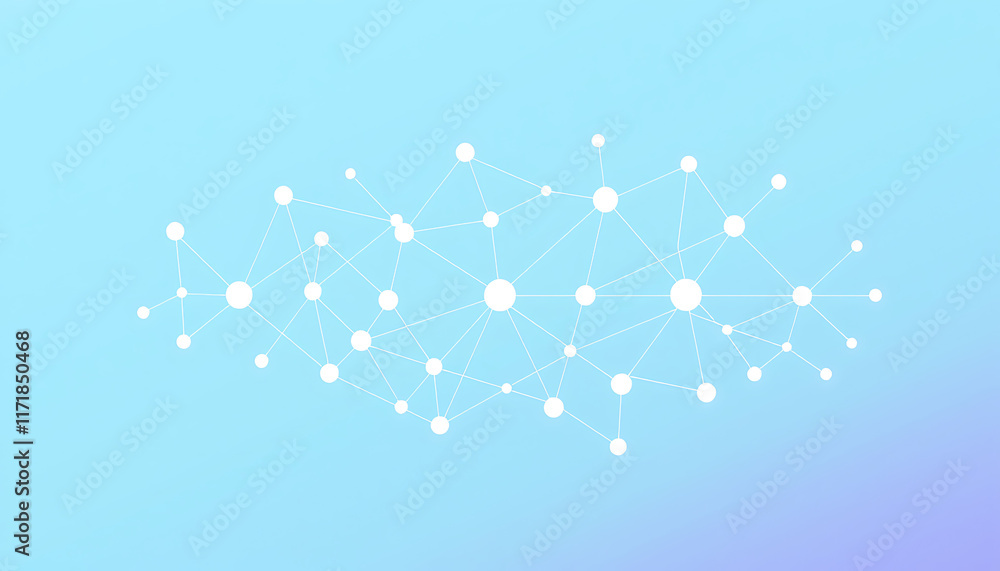Poster gradient blue to purple, vector graphic of simple lines and dots connecting the shape of an ai netwo