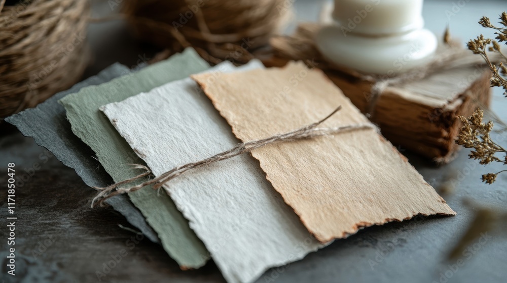 Poster stack of colorful textured handmade paper cards tied with twine resting on dark background with cand