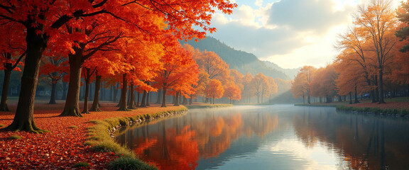 Vibrant autumn trees reflecting in tranquil waters create a serene escape evoking a Breath of Fresh Air in a picturesque landscape with soft, golden sunlight filtering through clouds