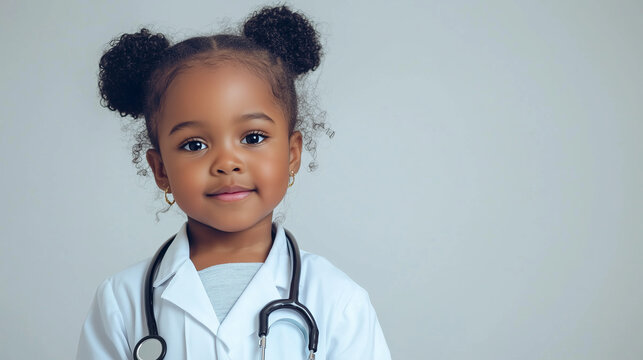 A Studio Portrait of a Little Black Girl Dressed Up as a Doctor, Isolated on a White Background - Powered by Adobe