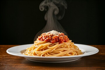 Hot spaghetti with tomato sauce and steam rising, on a white plate against a dark background.