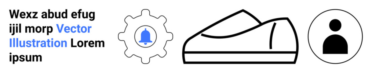 Gear with notification bell, outlined sneaker, and user profile icon. Ideal for tech, e-commerce, user interface, notifications, user profile management, online store, landing page