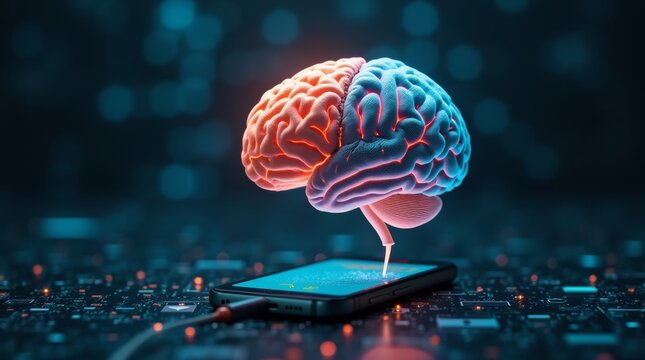 Digitalized brain: A brain divided between biological and digital, with cables connecting it to a phone.