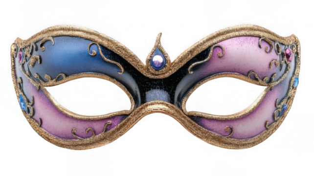 Un primer plano de una hermosa máscara de carnaval con detalles intrincados y piedras preciosas brillantes. Fondo transparente