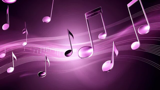 Abstract animation of musical notes floating on purple wave background.
