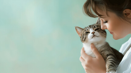 A warm-hearted veterinarian holding a relaxed tabby cat, with her professional white coat contrasting the soft, pastel background.
