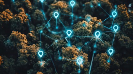 Aerial view of forest with digital map overlay showing interconnected locations.