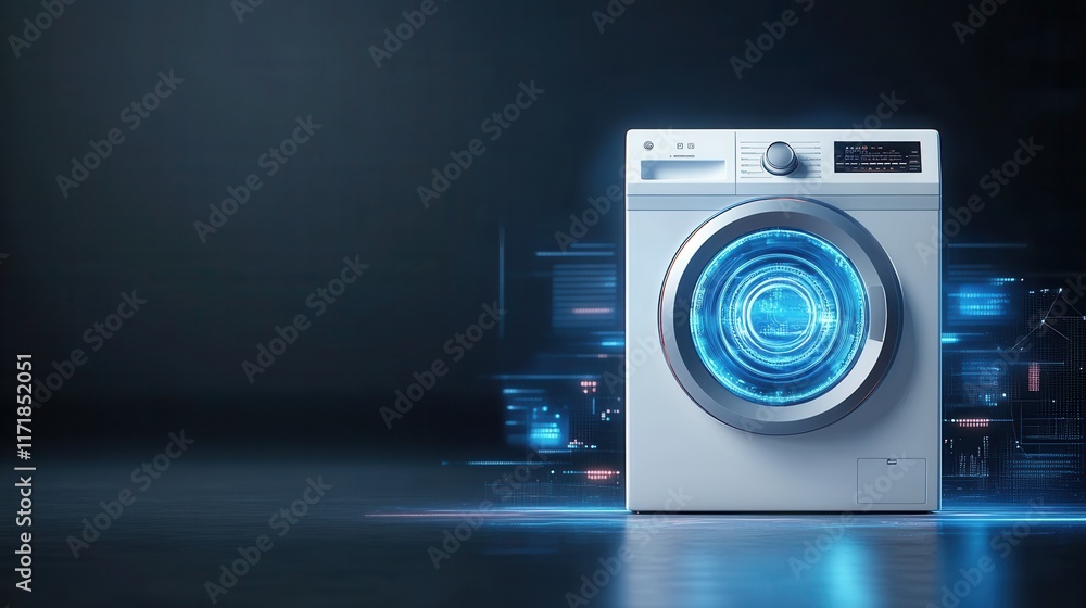 Poster modern washing machine with futuristic design and digital interface in minimalist dark background