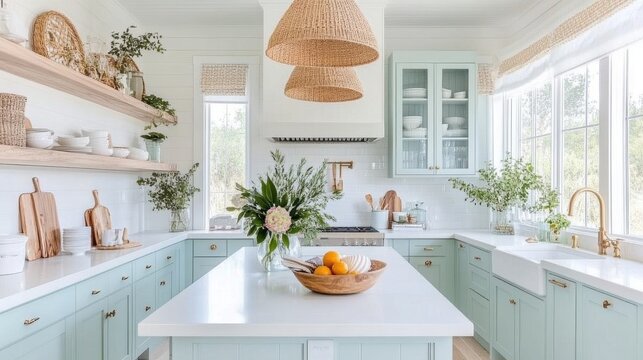Breezy coastal kitchen featuring soft blue cabinetry and nautical accents for a fresh seaside vibe