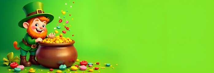 Cheerful leprechaun with a pot of gold and colorful candies on a bright green background. St. Patrick's Day