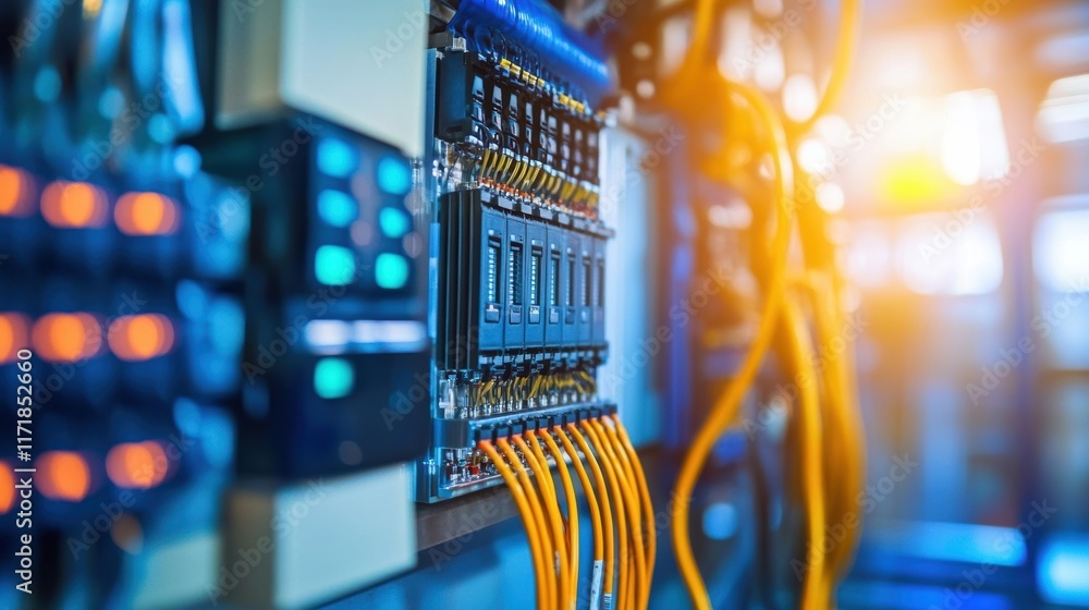 Poster orange wires connected to a programmable logic controller in a server room are managing an automated