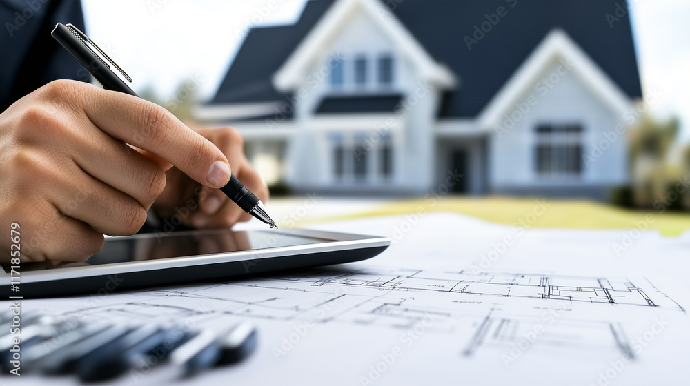 Poster a professional architect calculating costs on a tablet while pointing at structural details on a det