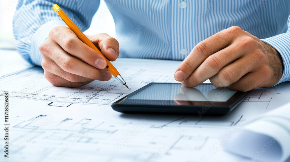 Poster a professional architect calculating costs on a tablet while pointing at structural details on a det