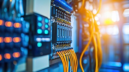 Orange wires connected to a programmable logic controller in a server room are managing an automated system, with blurred lights in the background