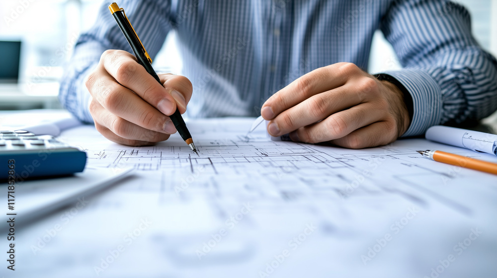 Poster an architect intently examining a blueprint, surrounded by cost analysis documents and a scale model