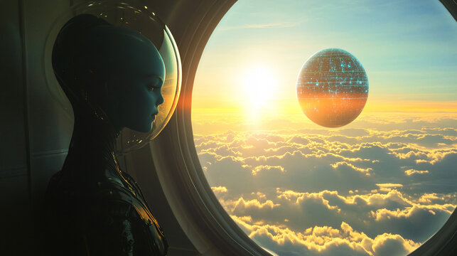 extraterrestrial figure gazing out of a spaceship window at a glowing futuristic planet floating above an ocean of clouds  
