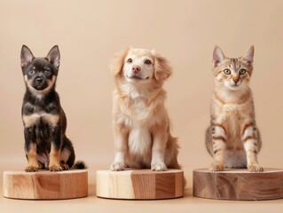 Three animals sit side-by-side on wooden platforms against a neutral background. Concept is cute pets together. For pet adoption ads