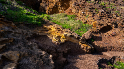 A rugged landscape featuring eroded rock formations in warm earthy tones, with patches of green grass. The scene captures the interplay of natural textures under sunlight.