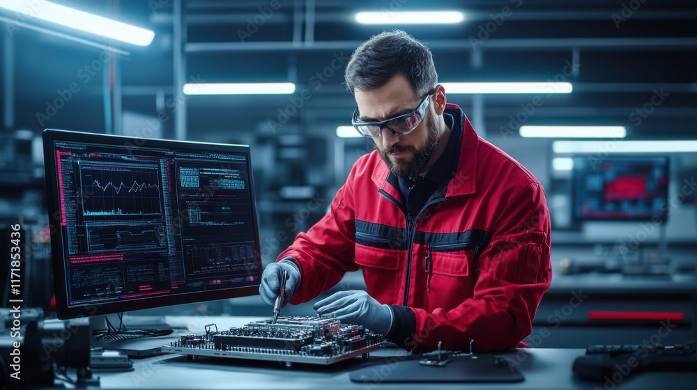 Poster technician working on computer hardware in modern laboratory with high-tech monitors and equipment