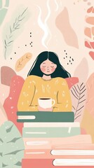 Cozy spring pastel illustration of a girl relaxing with a warm drink and books