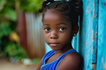 Portrait of a thoughtful young girl leaning against a weathered blue wall in the dominican republic