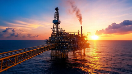 A sprawling oil rig with multiple levels of activity, set against the backdrop of a peaceful ocean and high sun.