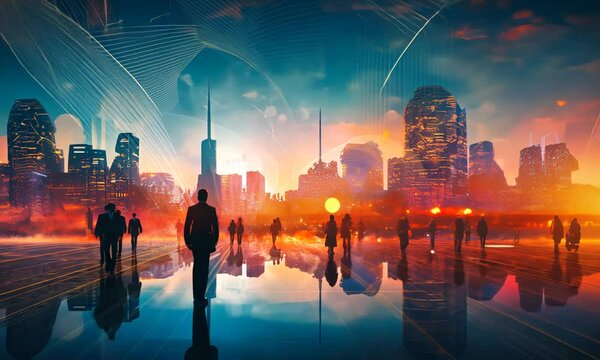 Concept: interconnections of global society of people in a metropolis.Abstract technological background, modern city with many passers-by.