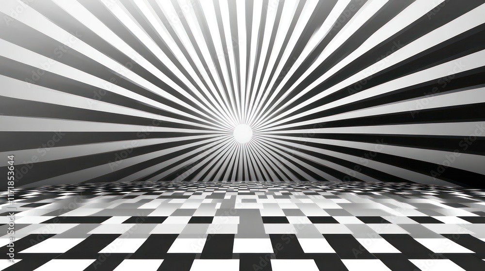 Poster Abstract grayscale background with radiating lines converging to a bright center over a checkered floor.