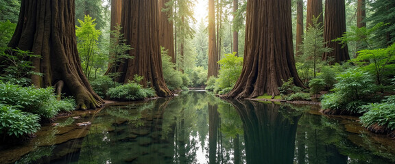 Obraz premium Ancient Redwood Giants Towering Over a Serene Reflection Pond in a Lush Forest | Majestic Trees Surrounded by Vibrant Greenery and Soft Light Filtering Through the Canopy