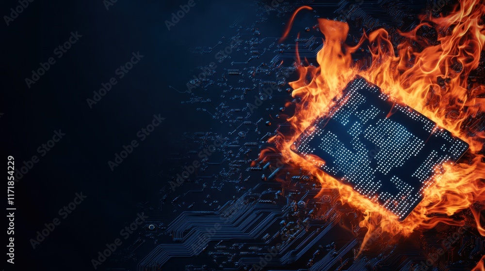 Aufkleber computer microchip surrounded by flames representing technology heat and digital transformation