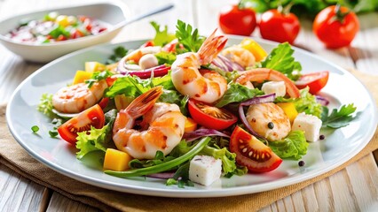Fresh shrimp salad shines on a white plate; a delicious seafood salad elegantly photographed.