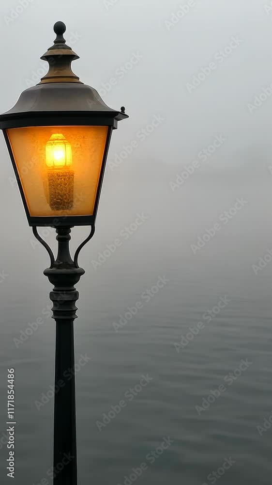 Aufkleber lamp post illuminated by foggy water at dawn creates a serene atmosphere in a tranquil setting