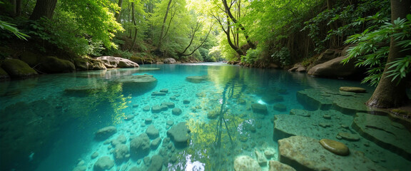 Hidden Water Holes: Serene turquoise water reflecting lush green foliage, with smooth stones visible beneath the surface, surrounded by vibrant trees and a peaceful atmosphere