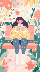 Dreamy springtime escape: a girl amidst pastel flowers on a sunny day relaxing with a refreshing drink