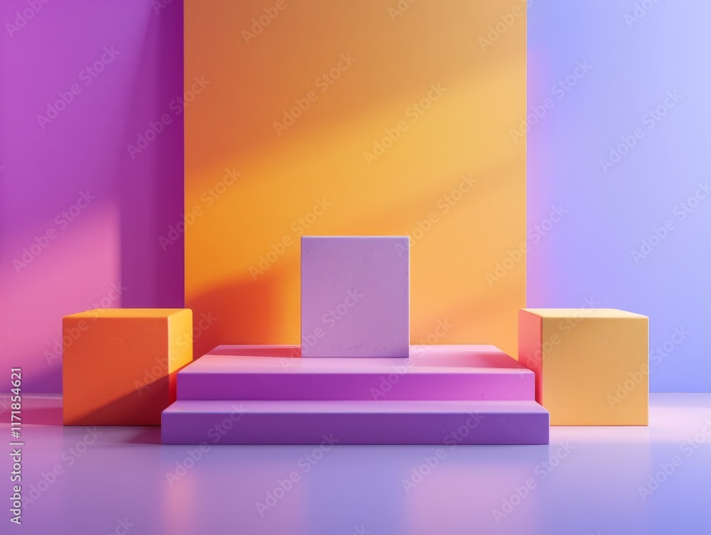 Poster geometric shapes in vibrant colors arranged on a flat surface. concept is minimalistic design and bo