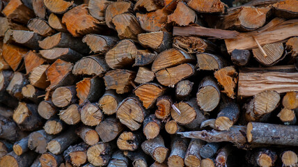 A close-up view of neatly stacked firewood, showcasing the natural textures and colors of cut logs. The arrangement highlights warmth and rustic simplicity.