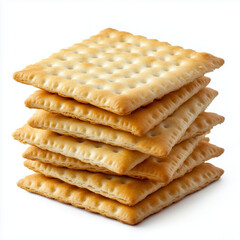 Stack of square golden crackers with a crisp texture and perforated surface, isolated on a white background, ideal for snack and food designs.