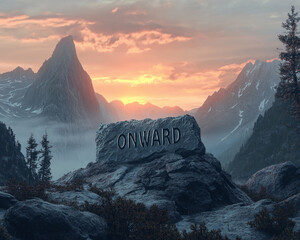 Onward Word Chiseled on Rocks in Mountains Capturing Rugged Determination
