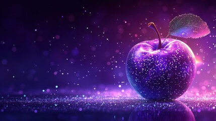 Mystical and captivating image of a glowing purple apple floating in a starry night sky surrounded by a cosmic ethereal atmosphere of vibrant dazzling and shimmering lights