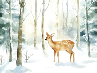 Fototapeta premium Enchanting winter forest with a gentle deer in whimsical watercolor